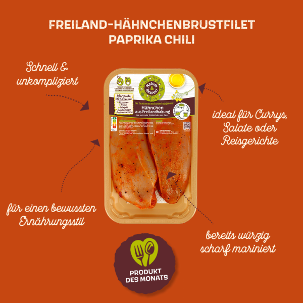 Produkt des Monats – Nature & Respect mariniertes Freiland-Hähnchenbrustfilet Paprika Chili Produkt des Monats – Nature & Respect mariniertes Freiland-Hähnchenbrustfilet Paprika Chili