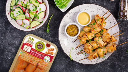 Marinated chicken skewers with radish and cucumber salad & mustard dip
