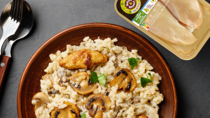 Tender free-range chicken in creamy mushroom risotto